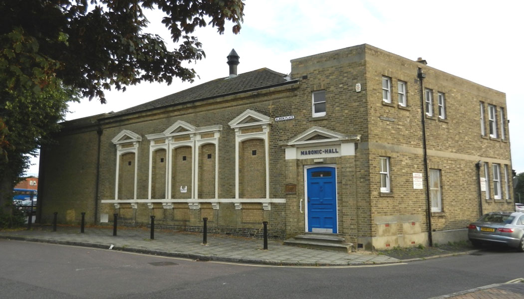 The Southampton Masonic Hall on Albion Place, with its blue front door beneath the Masonic Hall pediment