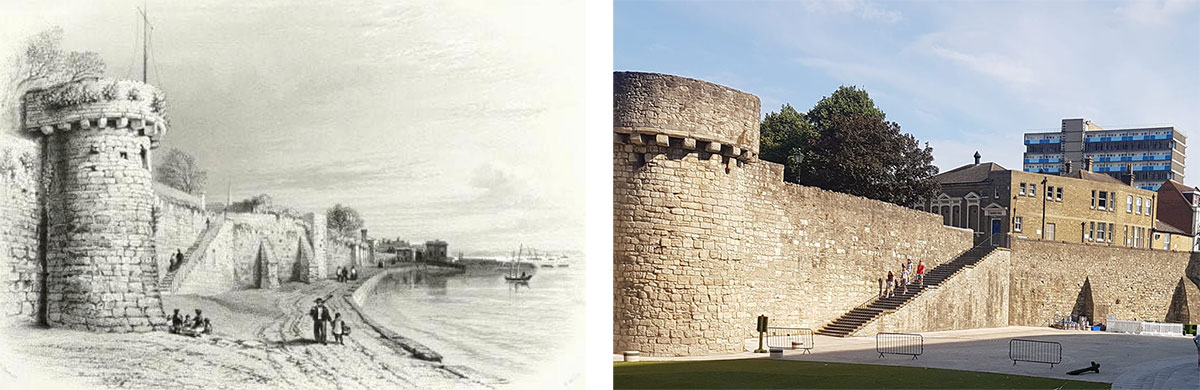 Two views of the 40 Steps: an engraving of the town walls meeting the shoreline, and a modern photograph of the steps rising to the Masonic Hall